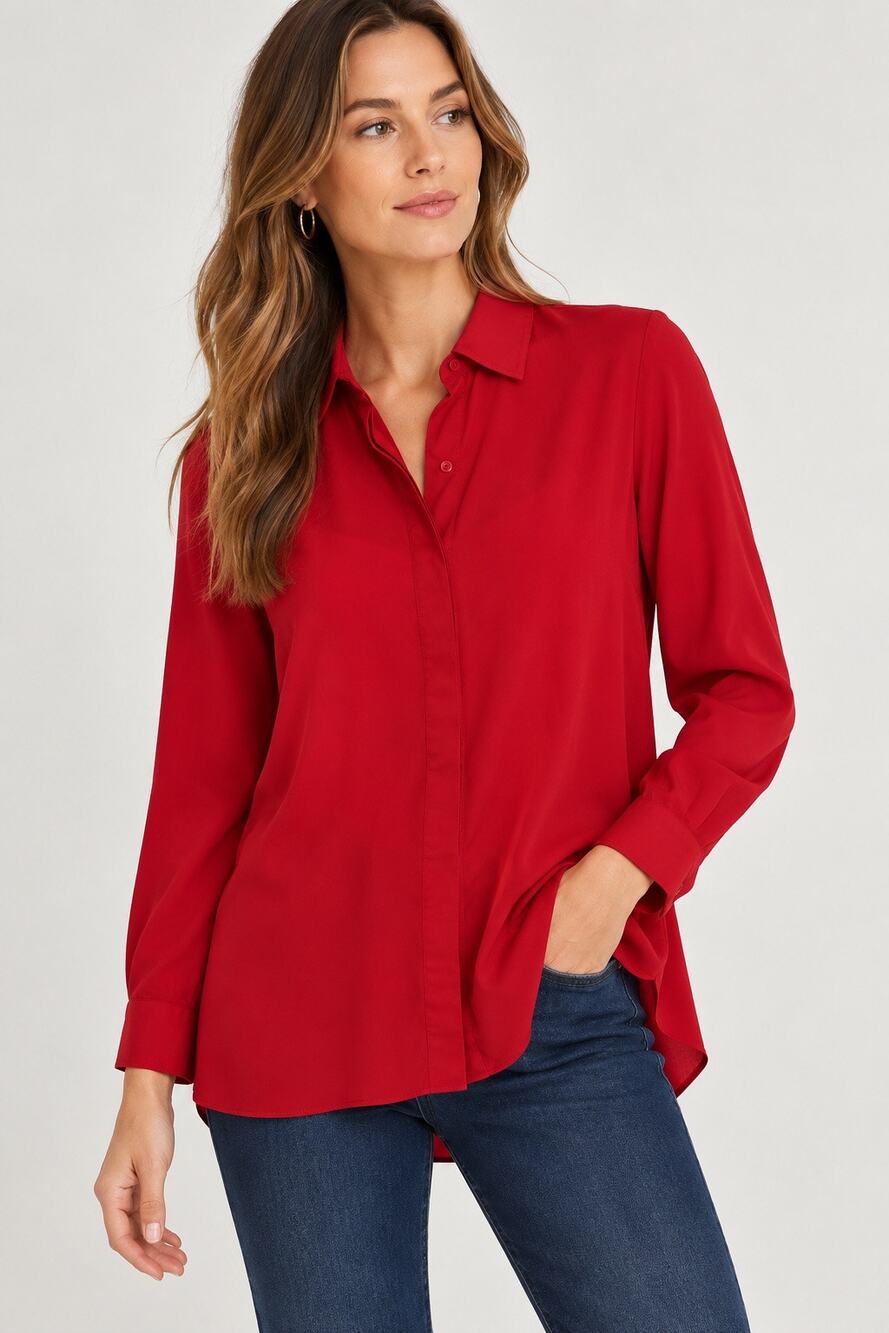 Lafayette 148 New York Red Stretch Cotton Button Down Tunic Shirt Large